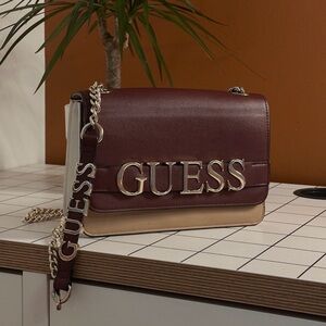 GUESS Burgundy and Beige Chain Shoulder Bag